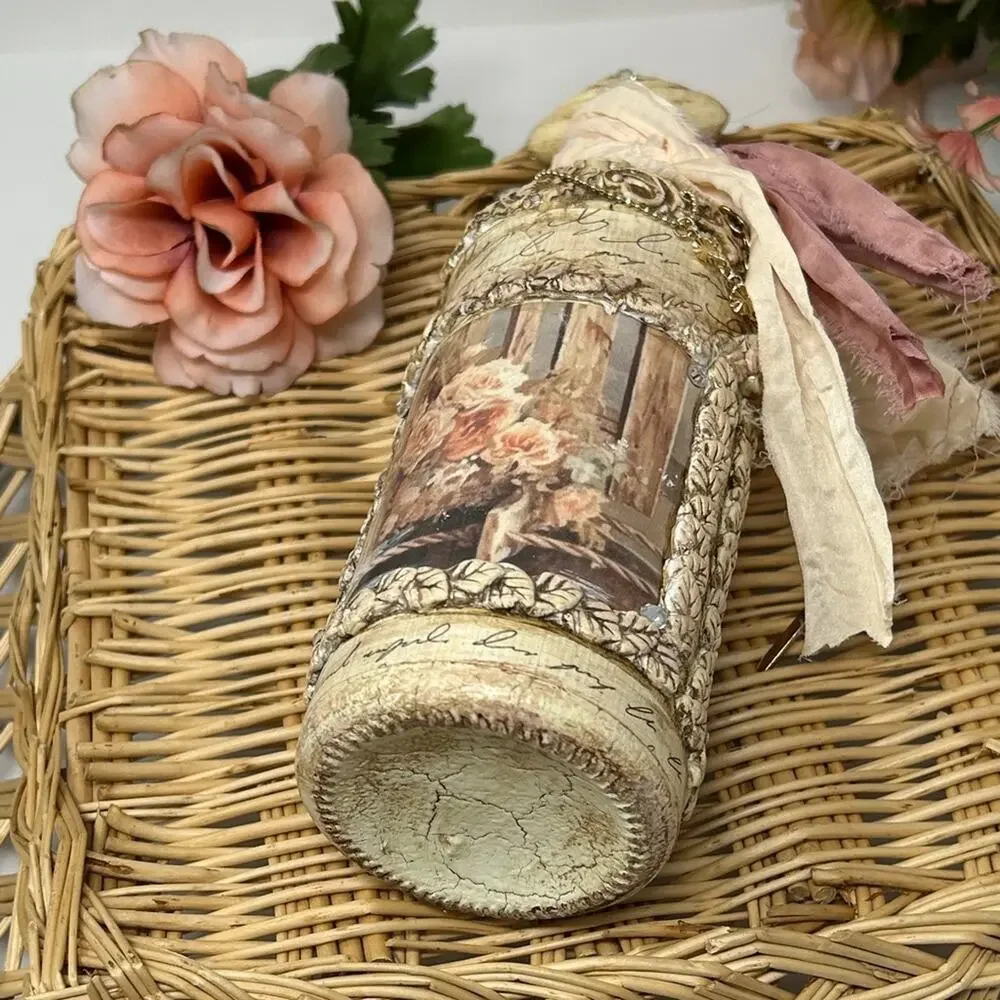 Vintage-Inspired Cream and Pink Accent Altered Bottle 9.5 inches tall